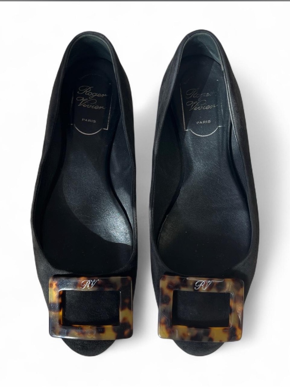 Roger Vivier Black Satin Flats with Tortoiseshell Buckles
